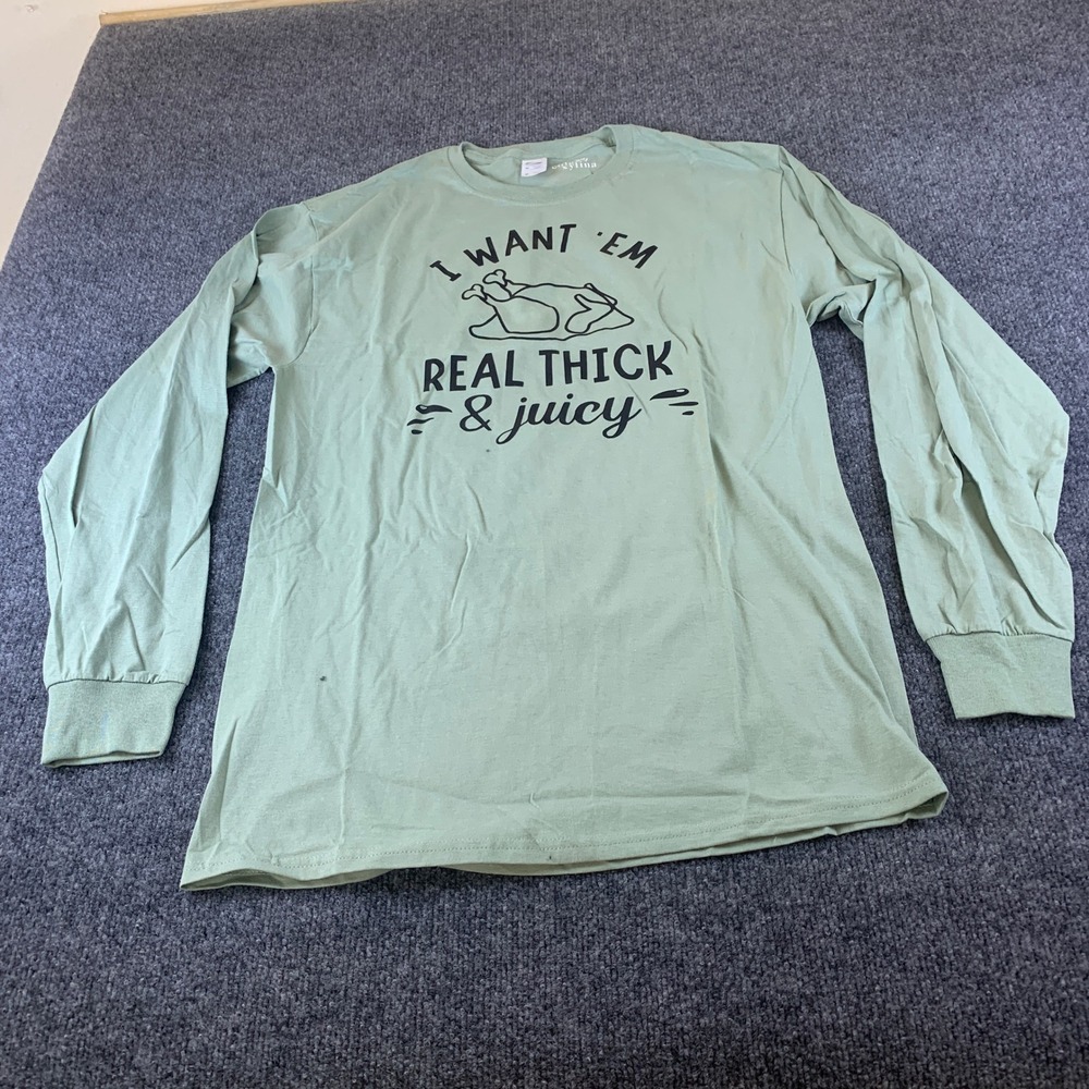 Fruit of‎ the Loom Sage Green Funny Thanksgiving Turkey Long Sleeve Shirt Mens M